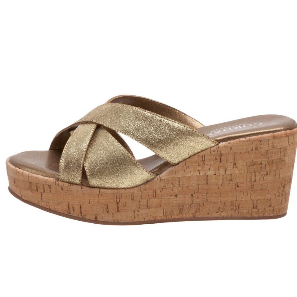 Cordani Metallic Gold Leather Cork Platform Wedge Italian Sandals Women's Size 8 - Picture 1 of 11
